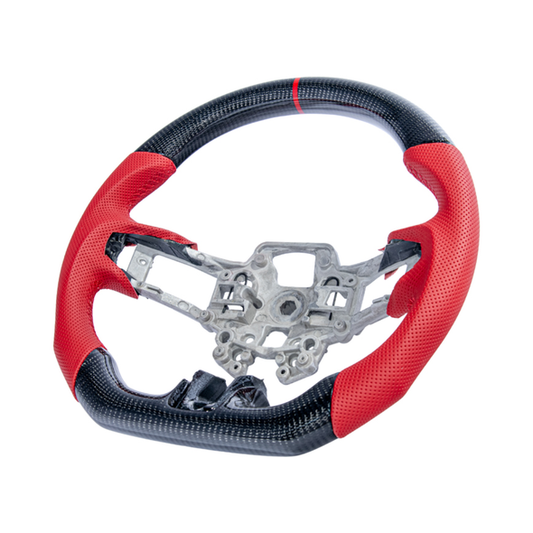 S550 Mustang Carbon Fiber Steering Wheel w/o Button Cover, Red Perforated Leather Grips :: 2018-2023 Ford Mustang