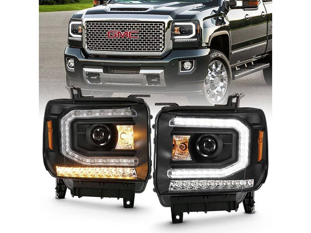 ANZO Plank Style Projector Headlights, Black With Clear W/ Sequential Amber Signals :: 2016-2018 GMC Sierra 1500