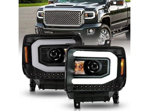 ANZO Projector Headlights, Black With Clear W/ Light Bar (Halogen Type) :: 2014-2015 GMC Sierra 1500