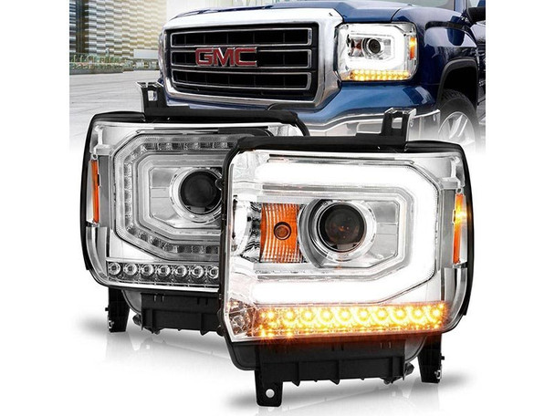 ANZO Projector Headlights, Chrome With Clear W/ Light Bar (Halogen Type) :: 2014-2015 GMC Sierra 1500