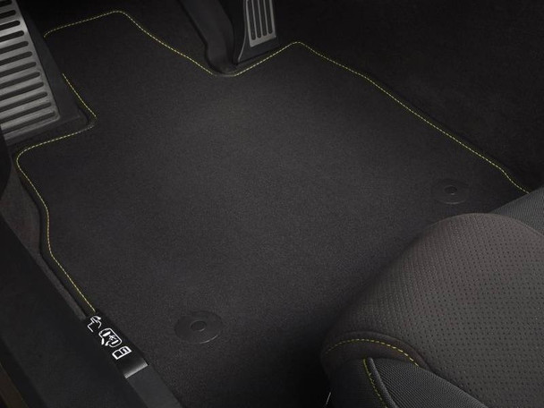 GM C8 Corvette First Row Carpeted Floor Mats in Jet Black w/ Lark Yellow Binding