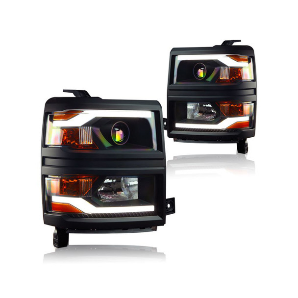 Winjet Projector Headlights, Black Housing, Black Trim, Clear Lens :: 2014-2015 Silverado 1500