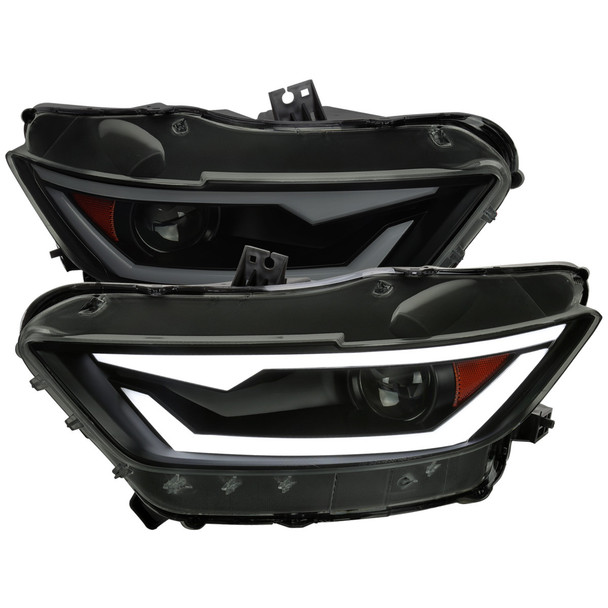 S550 Mustang HID Projector Headlights w/ Switchback Sequential LED Bar Turn Signals, Matte Black Housing w/ Smoked Lens :: 2015-2022 Ford Mustang w/ HID Headlights