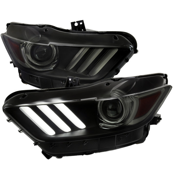 S550 Mustang HID Projector Headlights w/ LED Strip Sequential Turn Signals, Black Housing w/ Smoked Lens :: 2015-2022 Ford Mustang w/ HID Headlights