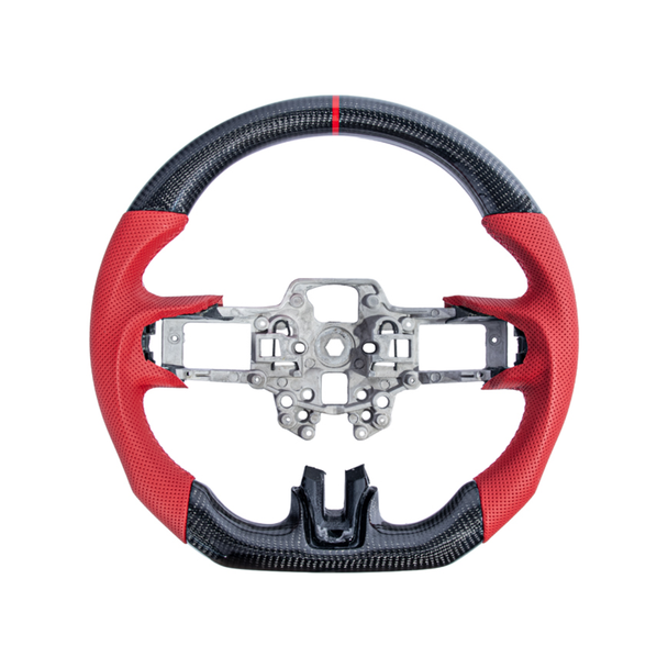S550 Mustang Carbon Fiber Steering Wheel w/o Button Cover, Red Perforated Leather Grips :: 2018-2023 Ford Mustang
