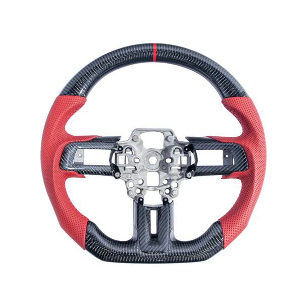 S550 Mustang Carbon Fiber Steering Wheel w/ Button Cover, Red Perforated Leather Grips :: 2018-2023 Ford Mustang