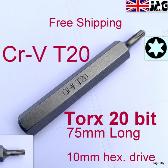 T20 TORX BIT, 75mm long 10mm Hex Drive , Tx- Star bit, No weakening hole