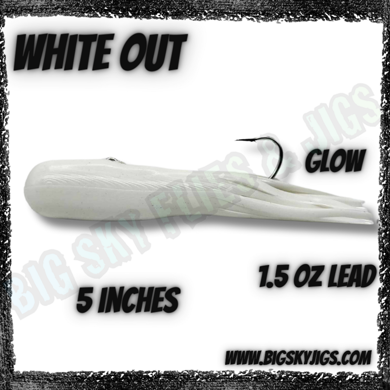 The Glow White Out Lake Trout Tube. Crafted with durability and reliability in mind, this tube sets the standard for performance on the water.
Weighing in at 2 oz, this tube offers the optimal balance for targeting lake trout in a variety of conditions. Its glow-in-the-dark feature combined with the White Out coloration creates a striking visual profile that entices even the most cautious of trout, ensuring visibility and attraction in all lighting conditions.

Built to withstand the rigorous demands of lake trout fishing, this tube is engineered for durability. Whether you're navigating rocky shores or battling swift currents, you can trust in the resilience of this tube to maintain its integrity and effectiveness throughout your angling endeavors.

Reliability is paramount when it comes to landing trophy catches, and this tube delivers on all fronts. Featuring robust hooks and premium construction, it instills confidence with every cast, ensuring that your gear performs flawlessly when it matters most.

So, arm yourself with the 2 oz Glow White Out Lake Trout Tube and embark on your next fishing expedition with unwavering confidence. Cast out, explore the depths, and reel in the trophy lake trout of your dreams with this steadfast companion leading the way.