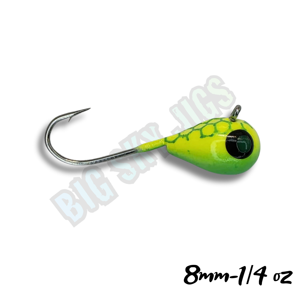 Big Sky Tungsten ( 2 pack ) 
Engineered for Forward Facing Sonar. Built for the Bite.

When precision meets visibility, you get the Big Sky Tungsten Jig Head. Designed for anglers who depend on forward-facing sonar, this jig’s tungsten construction delivers a compact profile with maximum weight, sensitivity, and control—so you can watch every move in real time.

The long-lasting glow finish keeps your bait visible in deep or stained water, while the dense tungsten head drops fast and holds steady in the sonar beam. A long shank hook provides perfect bait presentation and dependable hooksets, making it ideal for both plastics and live bait.

Key Features:

Forward Facing Sonar Optimized – Highly visible and responsive for precise tracking and reaction strikes.

Tungsten Composition – Compact design with superior sensitivity and fast fall rate.

Long-Lasting Glow Finish – Bright, durable glow for deep or low-light fishing.

Long Shank Hook – Improves bait hold, hook-up ratio, and presentation control.

Hydrodynamic Shape – Cuts water cleanly for stable tracking and lifelike movement.

Versatile Design – Performs flawlessly with soft plastics or live bait.

See it. Track it. Catch it. Big Sky Tungsten gives you the edge when every movement counts.