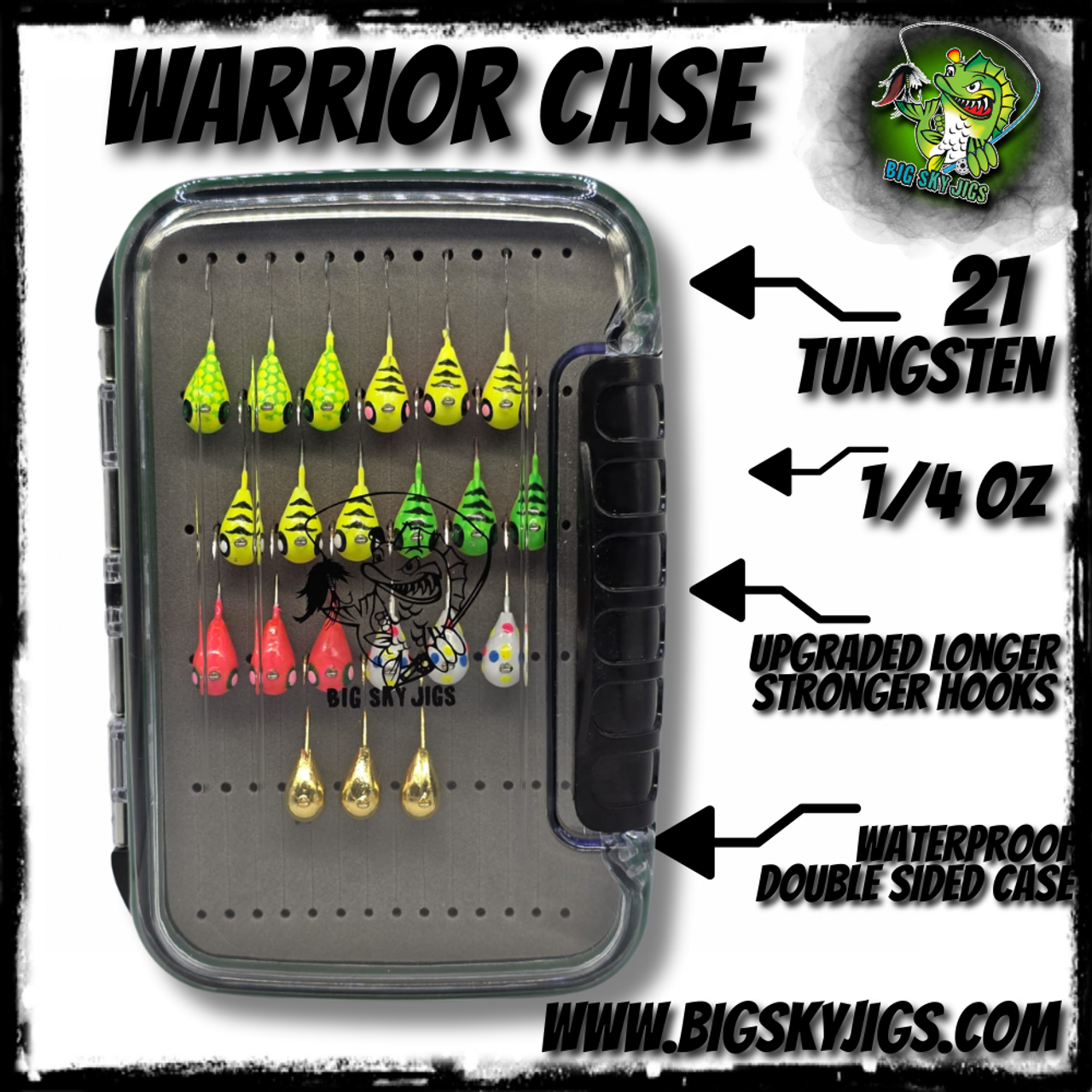 Warrior Case – Built for the Angler Who Won’t Back Down

Introducing the Warrior Case, a compact but hard-hitting tungsten jig kit designed for serious ice anglers who expect premium performance every time they drop a line. Loaded with 21 heavy-duty tungsten jigs, this case is built for those who fish aggressively and demand gear that can keep up.

Every jig in the Warrior Case is 1/4 oz, giving you the perfect weight for punching down fast, staying vertical, and getting the attention of big fish in deep or stained water. Each piece comes equipped with upgraded, longer, and stronger hooks—engineered to handle the pressure of hard strikes and powerful fights without bending out.

All of this is secured inside a waterproof, double-sided case, keeping your jigs organized, protected, and ready whenever the bite heats up. No rust, no moisture, no mess—just pure performance.

Includes:

21 tungsten jigs

All 1/4 oz for maximum drop speed and control

Upgraded high-strength hooks

Waterproof, double-sided storage case

Take your ice game to the next level.
The Warrior Case is ready—are you?