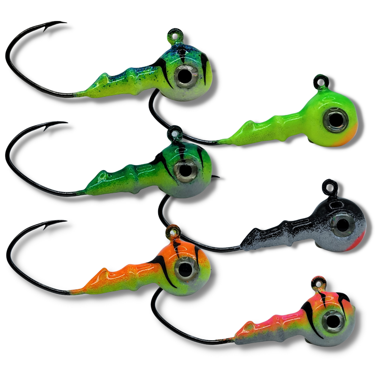 These Jigs are Great for Walleye, Pike, Burbot and Big PERCH. 

Mean Machine Jigs are Hand painted with the BEST quality powder Paint . We have a Layer of our Custom KRYPTONITE GLOW that lasts a long time !!! 

Mean Machine Jigs are poured on # 3/0 Eagle Claw Little Nasty Hook. 