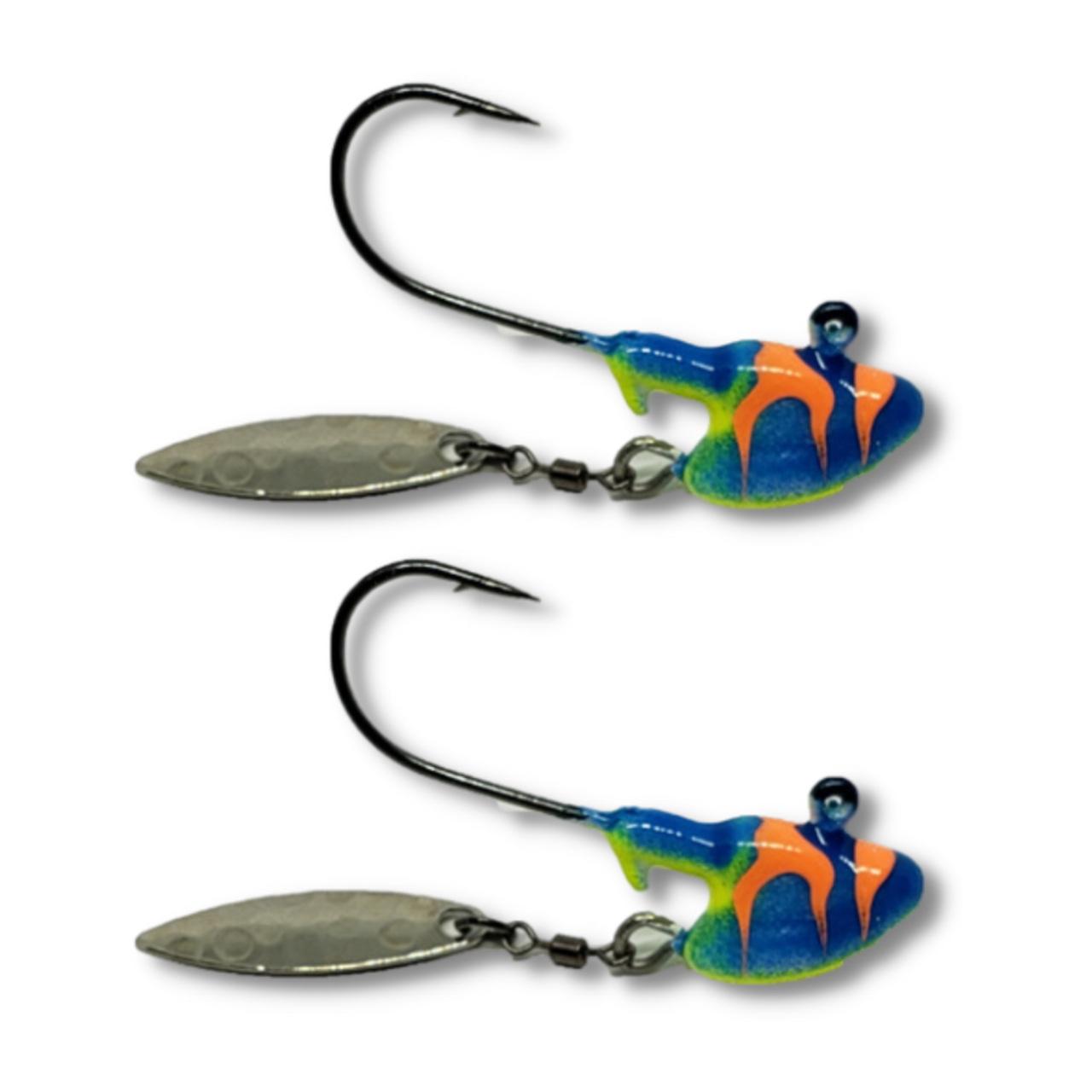 The GLOW CYCLONE jig will drive fish crazy, the FLASH and the Sparkle with only make the fish go crazier for your bait. These are in 1/4 oz they work great for  PIKE,WALLEYE,GREENBACKS,MUSKY,LAKE TROUT. These are poured on e super strong Eagle Claw hook in Black Nickel for EVEN more FLASH. 