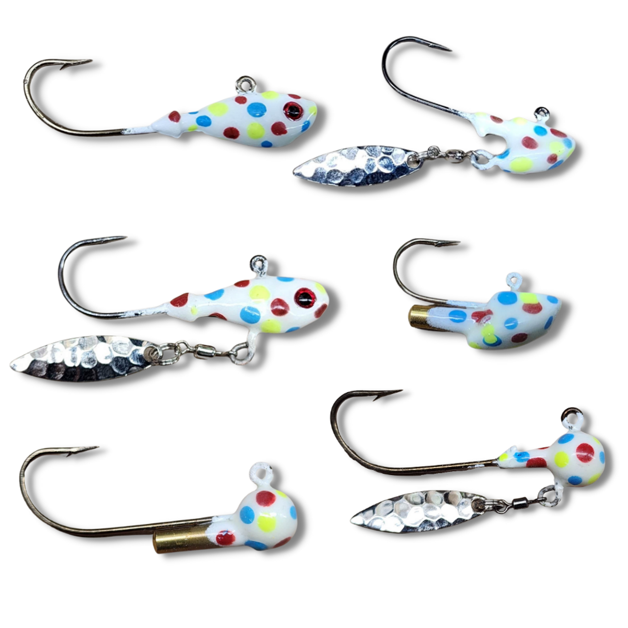 The Wonderbread Jig combines the popular wonderbread pattern with the craftsmanship and durability known to Big Sky Flies and Jigs. All wonderbread patterns feature upgraded hooks and Kryptonite Glow powder paint that light up the bottom of everybody water. Just use direct sunlight or the U.V. flashlights to activate the full superpower of the glow. In addition, these jigs have flashers meant to provide the right flash to catch the eye and attention of predator fish species, triggering aggressive bites. Great for vertical jigging or trolling. The combination of the wonderbread pattern, vibration and flash of the willow leaf blade completed with the Kryptonite Glow powder finish keep sight and sound in mind for targeting all fish species. 
In addition, these jigs have incorporated brass rattles that are hand-poured into every single jig.
