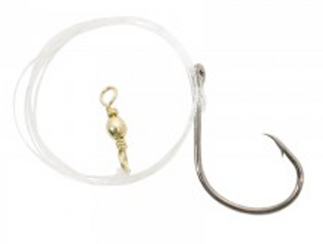 Features:

40 lb test monofilament
24" length
4/0 Circle Hook
Rigged with a circle hook and a #5 brass swivel
Overview
Two single 24” drop lines rigged with barrel swivel and circle hook help position bait perfectly while preventing line twist. You can customize your own rig to suit your fishing conditions. We suggest a basic rig set up of a sinker weight, plastic bead and interlock snap swivel.