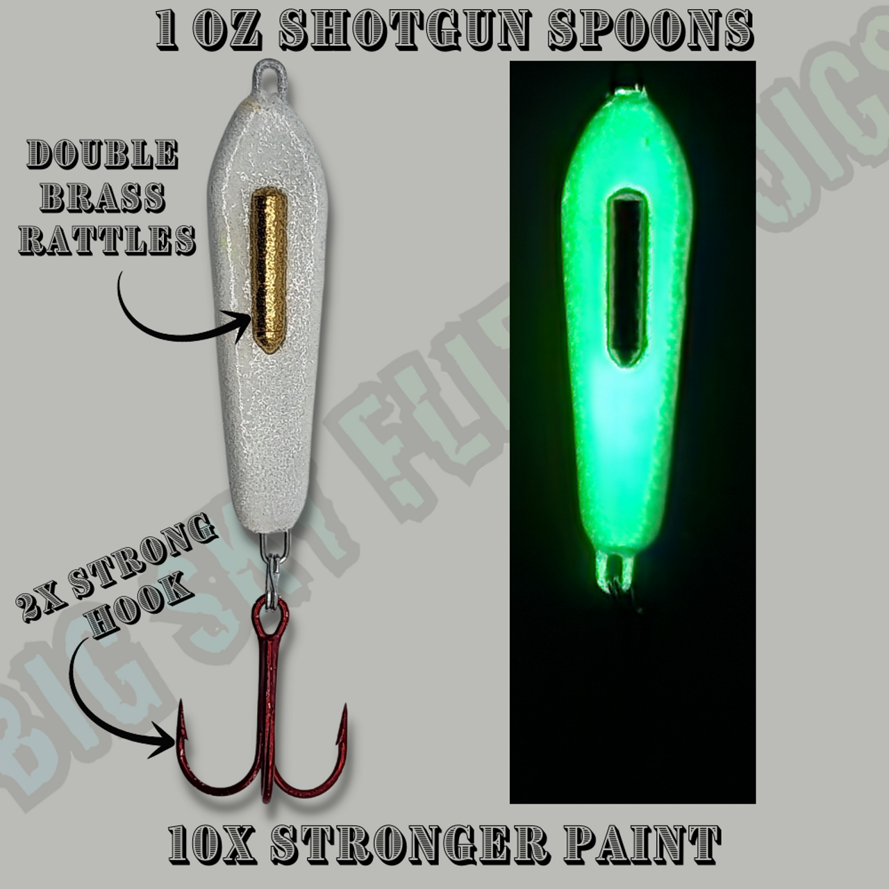 These Very strong and Loud Jigging spoons are great for burbot,lake trout,walleye and pike. 

Featuring

Custom 10X Paint that is VERY chip resistant

2XL red Treble hook 

A double Brass rattle that is sure to make lots of noise and attract even that farthest fish.