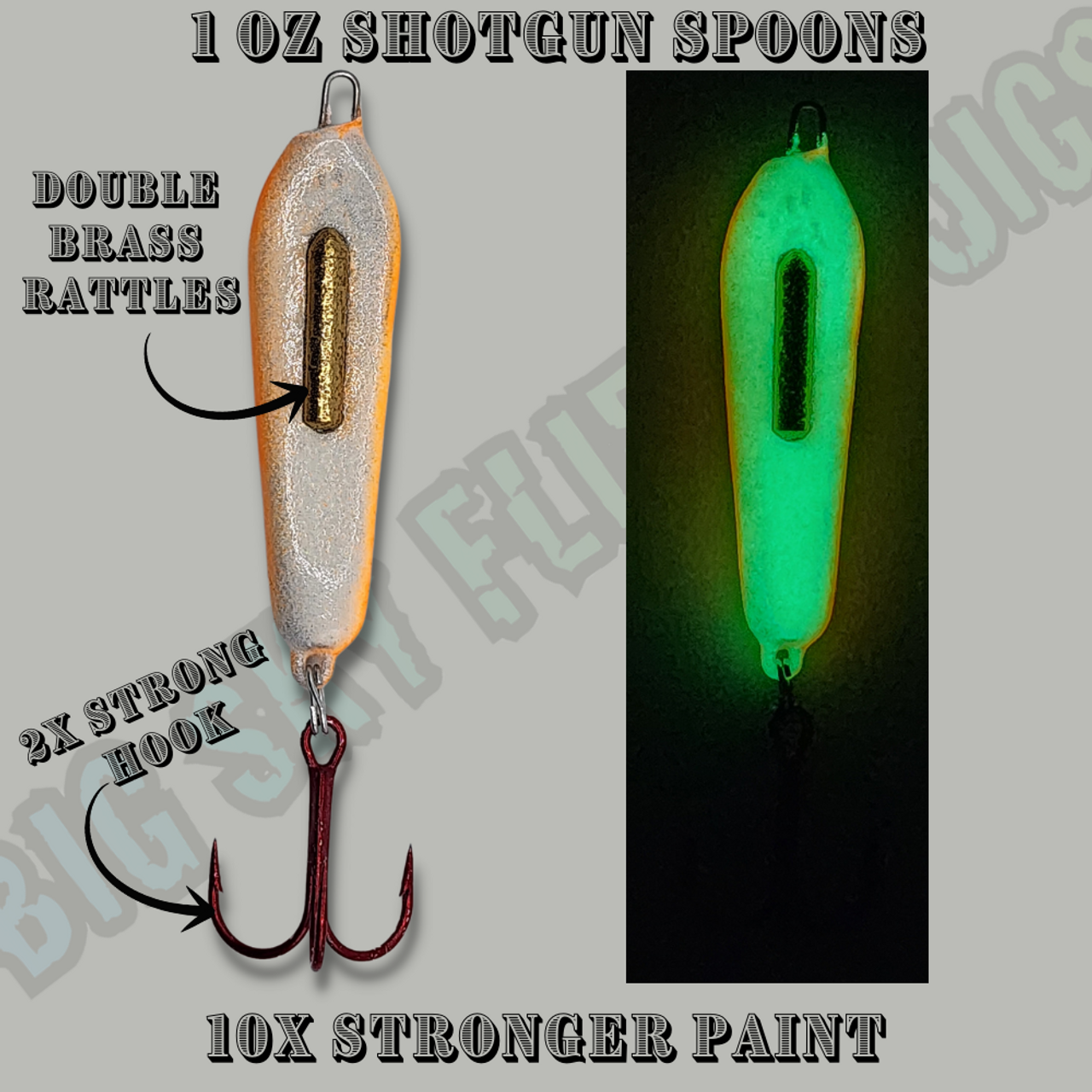 These Very strong and Loud Jigging spoons are great for burbot,lake trout,walleye and pike. 
Featuring

Custom 10X Paint that is VERY chip resistant

2XL Red Treble hook 

A double Brass rattle that is sure to make lots of noise and attract even that farthest fish.