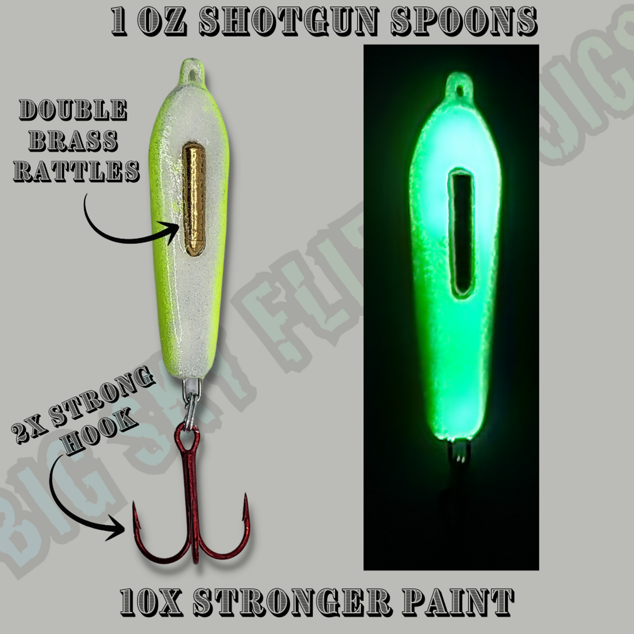 These Very strong and Loud Jigging spoons are great for burbot,lake trout,walleye and pike. 

Featuring

Custom 10X Paint that is VERY chip resistant

2XL Red Treble hook 

A double Brass rattle that is sure to make lots of noise and attract even that farthest fish.