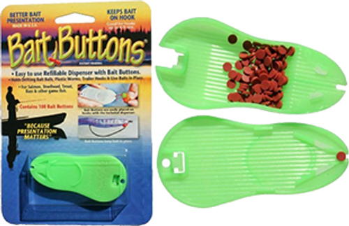 Bait buttons come in easy to use refillable dispenser, Bait buttons keep bait in place on hooks up to 4/0
Bait buttons keep your bait from sliding down the HOOOK It keeps it in the natural position for more hook-ups
Dispenser is preloaded with 100 bait BUTTONS, EASY Transfer of bait button to hooks up to 4/0