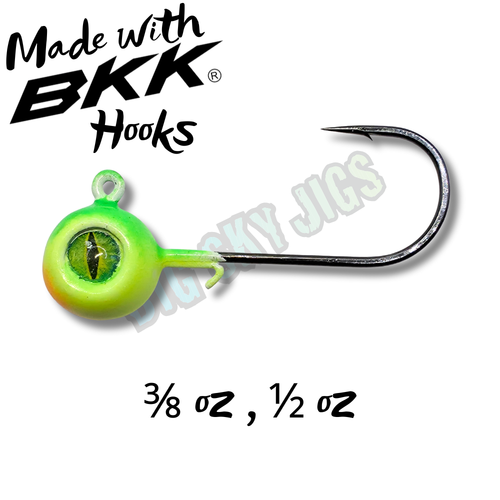 Key Technical Features:

BKK Black Nickel High Carbon Hook — Maximum strength, minimal glare, and superior hook penetration

FFS-Optimized Design — Symmetry and density tuned for clear, consistent sonar returns

Hydrodynamic Head Shape — Cuts water efficiently for precise lure control and fast descent rates

Custom Big Sky Kryptonite Glow Finish — High-visibility glow paint system for enhanced tracking and strike response

Wire Bait Keeper — Secure hold without compromising action or soft plastic integrity

Ideal For — Forward Facing Sonar applications, suspended fish, and precision vertical presentations