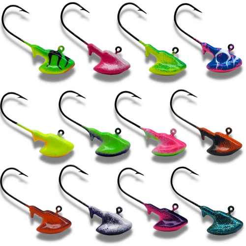 Erie stand up jigs are very popular for presenting a dynamic presentation on the bottom of a body of water. Originally based on the Erie Rig Lure that first became popular on Lake Erie these quickly gained popularity across North America. Weighted to stand up, you can drop these right to the bottom. The upright display allows anglers to “river-hook” or “Canadian-style hooking” rig their bait on these jigs for a realistic presentation that makes the minnow appear as if it's alive and feeding off of bottom. 1/8 oz and ¼ oz are most common size for walleye, but be sure to ask us about heavier weights available with upgraded hooks for river fishing.

