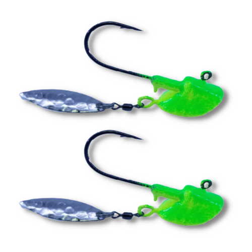 The CYCLONE jig will drive fish crazy, the FLASH and the Sparkle with only make the fish go crazier for your bait. These are in 3/8 oz they work great for  PIKE,WALLEYE,GREENBACKS,MUSKY,LAKE TROUT. These are poured on e super strong Eagle Claw hook in Black Nickel for EVEN more FLASH.