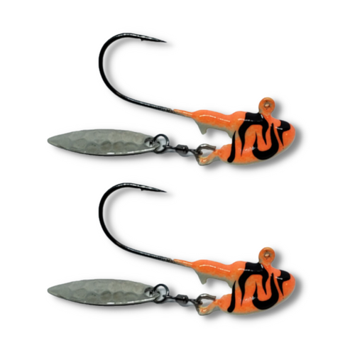 The GLOW CYCLONE jig will drive fish crazy, the FLASH and the Sparkle with only make the fish go crazier for your bait. These are in 1/4 oz they work great for  PIKE,WALLEYE,GREENBACKS,MUSKY,LAKE TROUT. These are poured on e super strong Eagle Claw hook in Black Nickel for EVEN more FLASH. 