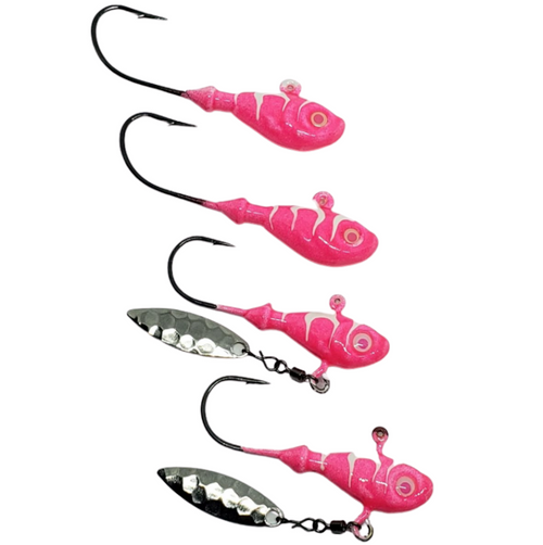 Includes 
2 3/8 GLOW pink Ultra minnows 
2 1/4 oz GLOW Flasher Ultra Minnows  