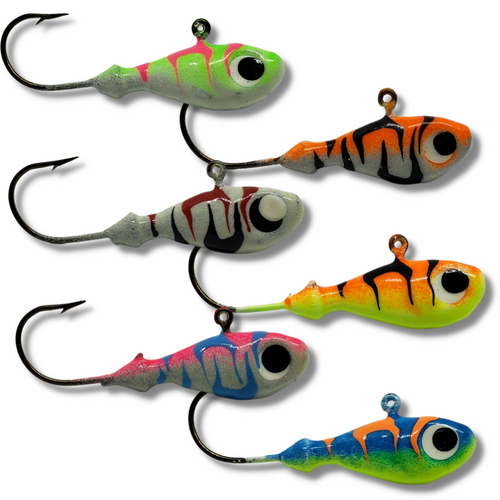 Great for all your walleye and Perch needs, These hooks are a Great addition to anyone's tackle collection.

These Jigs are great to use in Low lights conditions, the are Painted with a very durable Powder paint and have a second protective coating on them as well. They are Painted in our custom KRYPTONITE GLOW they are poured on a Eagle Claw 570 #1/0 Hook .This includes a set of 5 1/4 oz Jigs( One of each color ) 