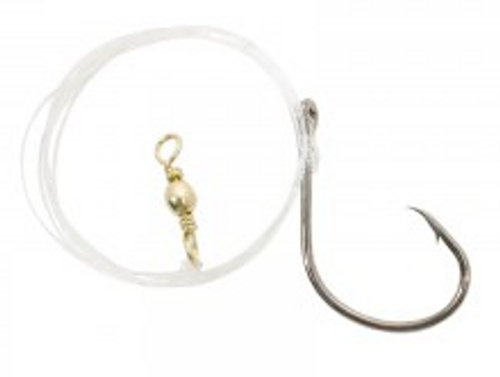 Features:

40 lb test monofilament
24" length
4/0 Circle Hook
Rigged with a circle hook and a #5 brass swivel
Overview
Two single 24” drop lines rigged with barrel swivel and circle hook help position bait perfectly while preventing line twist. You can customize your own rig to suit your fishing conditions. We suggest a basic rig set up of a sinker weight, plastic bead and interlock snap swivel.