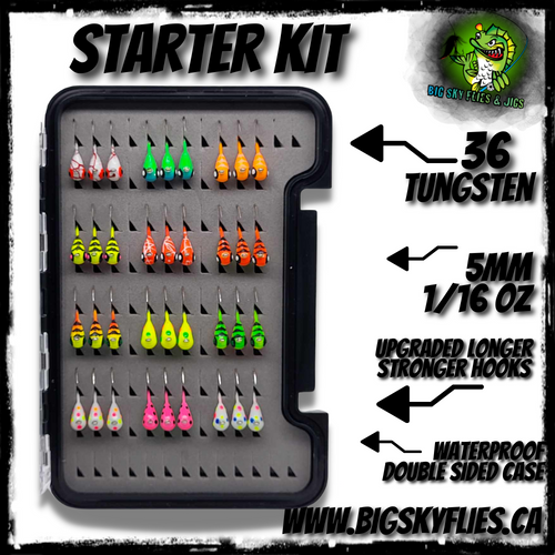 The Big Sky Starter Angler Kit
The Hardcore Angler Case is the perfect crossover double sided loaded tungsten case. It feature 36 5MM tungsten jigs ,True to Big Sky we custom designed some of the featured jigs and every single jig is completed with high gloss glow paint job. Both sizes feature Big Sky upgraded hooks meaning that they are longer and thicker shank compared to industry standards.
Added Bonus: Every single jig eyelet is paint free making these little babies ready to be tied right on your fishing line. Included is the waterproof handy dandy pocket case to keep all of your tackle protected and right at your fingertips. Ideal for any fishing adventures targeting perch, panfish, whitefish, trout, walleye and pike. 
 

 
