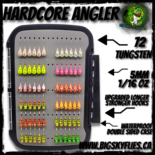 The Big Sky Hardcore Angler Kit
The Hardcore Angler Case is the perfect crossover double sided loaded tungsten case. It feature 71 5MM tungsten jigs ,True to Big Sky we custom designed some of the featured jigs and every single jig is completed with high gloss glow paint job. Both sizes feature Big Sky upgraded hooks meaning that they are longer and thicker shank compared to industry standards.
Added Bonus: Every single jig eyelet is paint free making these little babies ready to be tied right on your fishing line. Included is the waterproof handy dandy pocket case to keep all of your tackle protected and right at your fingertips. Ideal for any fishing adventures targeting perch, panfish, whitefish, trout, walleye and pike. 
