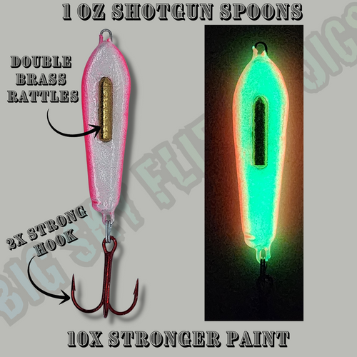 These Very strong and Loud Jigging spoons are great for burbot,lake trout,walleye and pike. 
Featuring

Custom 10X Paint that is VERY chip resistant

2XL Red Treble hook 

A double Brass rattle that is sure to make lots of noise and attract even that farthest fish.