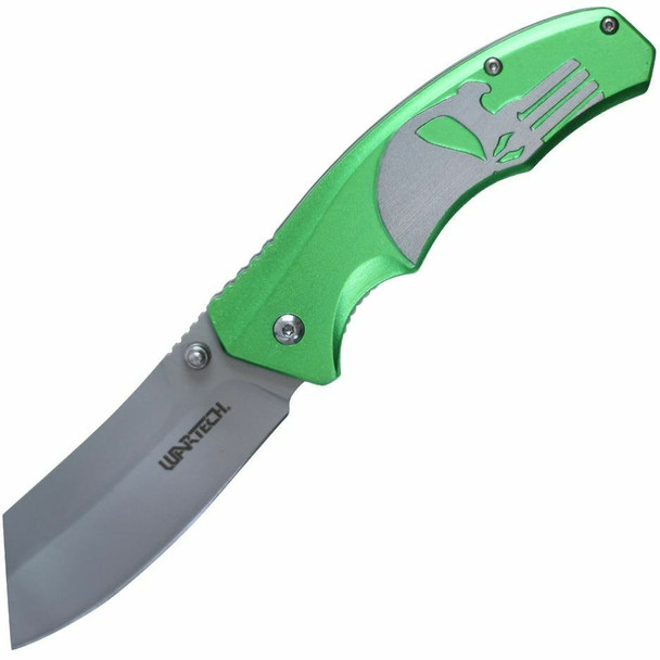 WARTECH 7.75" PUNISHER SKULL SPRING ASSISTED FOLDING POCKET KNIFE GREEN