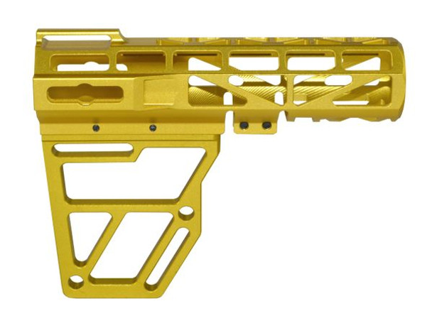 A1Armory Skeletonized Pistol Arm Brace, Gold Anodized Aluminum.