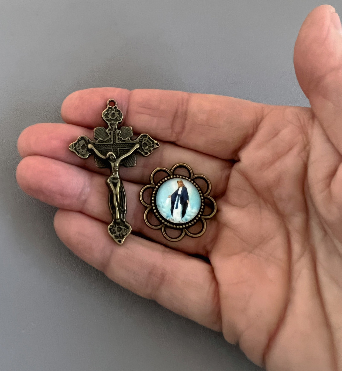 Rosary CENTER & CRUCIFIX & PATER Our Lady of Grace 8pc BRONZE