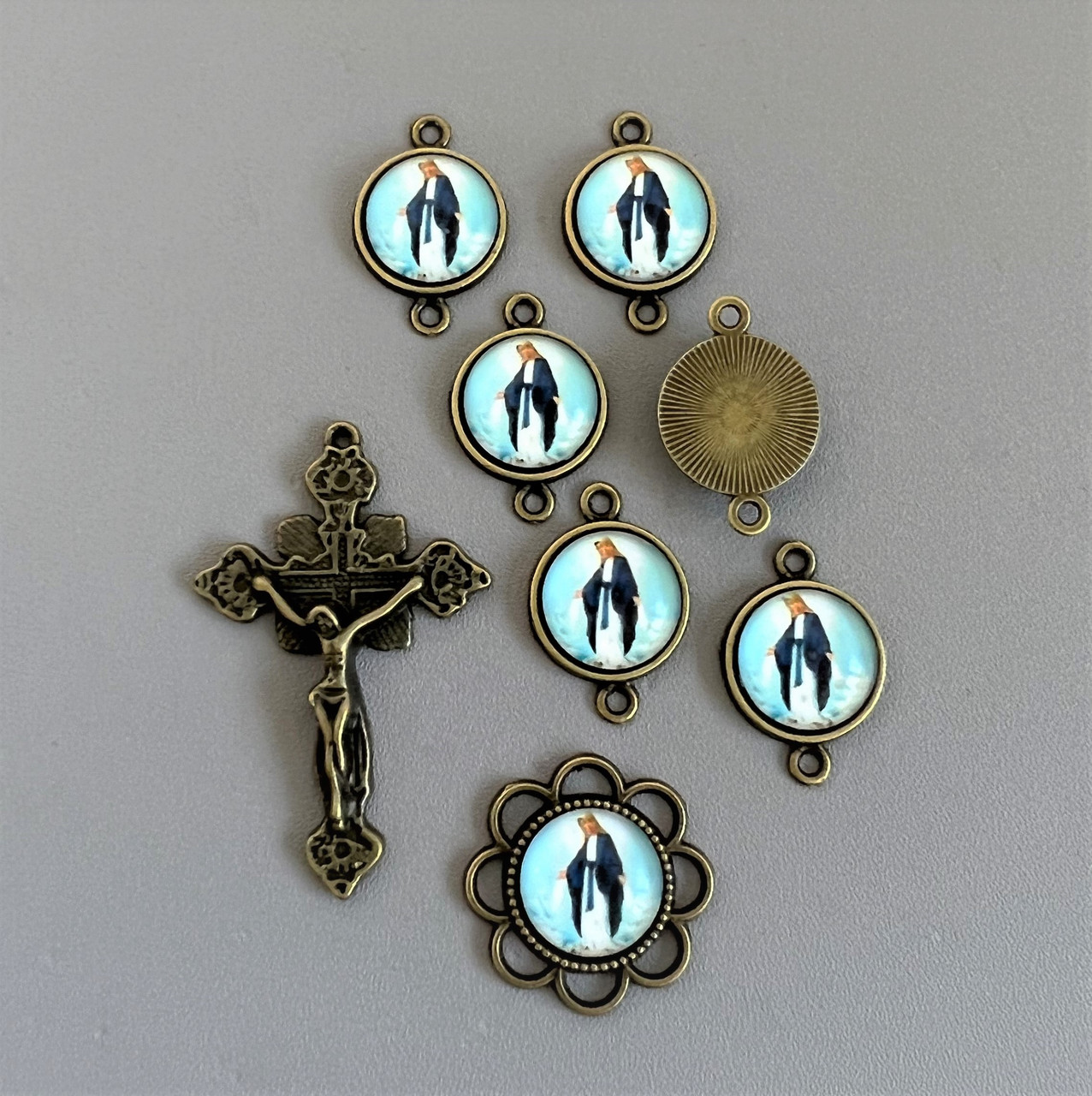 Rosary CENTER & CRUCIFIX & PATER Our Lady of Grace 8pc BRONZE