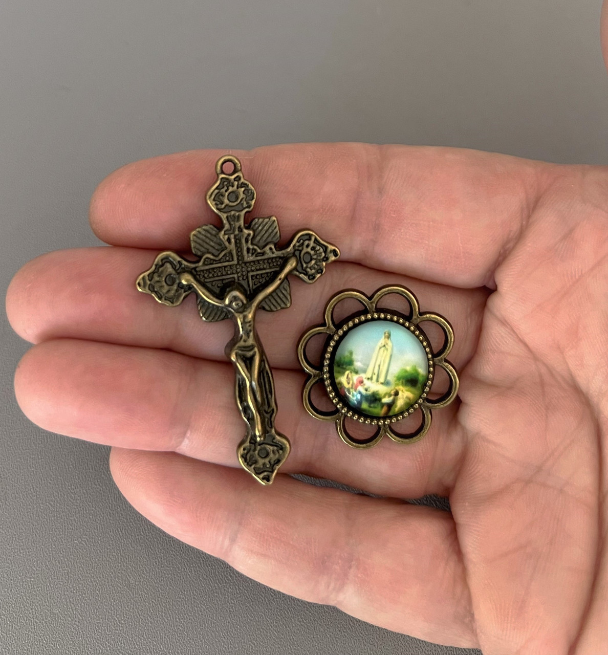  Rosary CENTER & CRUCIFIX & PATER Lady of FATIMA 8pc BRONZE