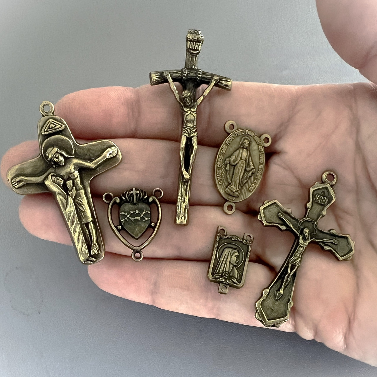 12pc Set - 6 Crucifixes & 6 Centers Bronze