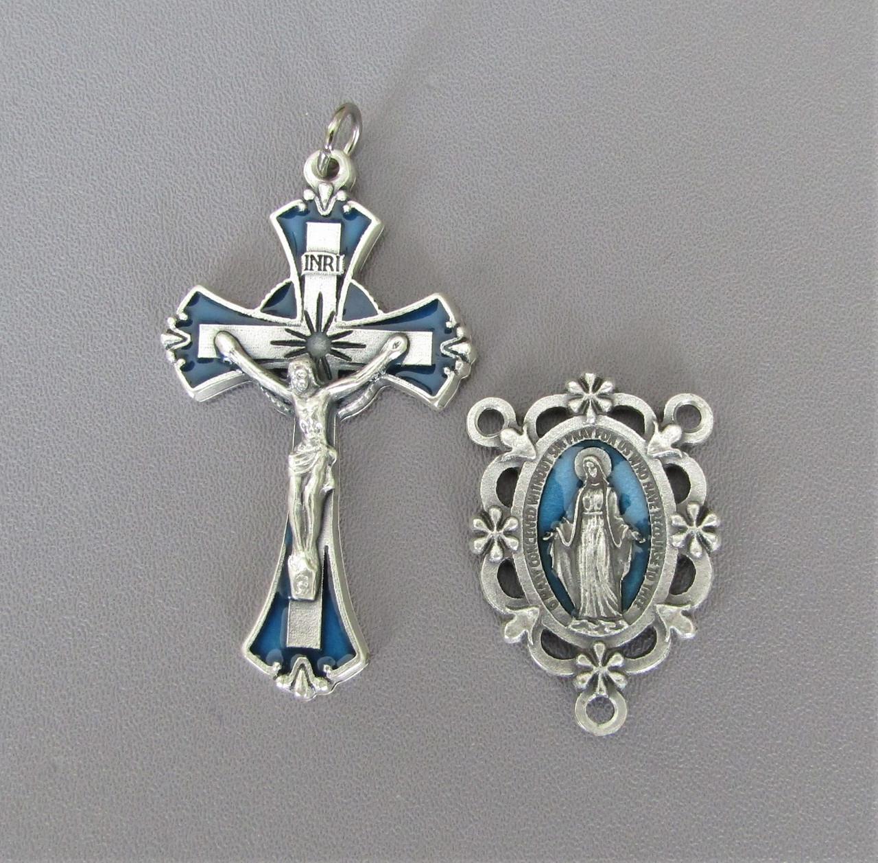 BLUE Miraculous Medal Rosary Crucifix & Centerpiece 2pc