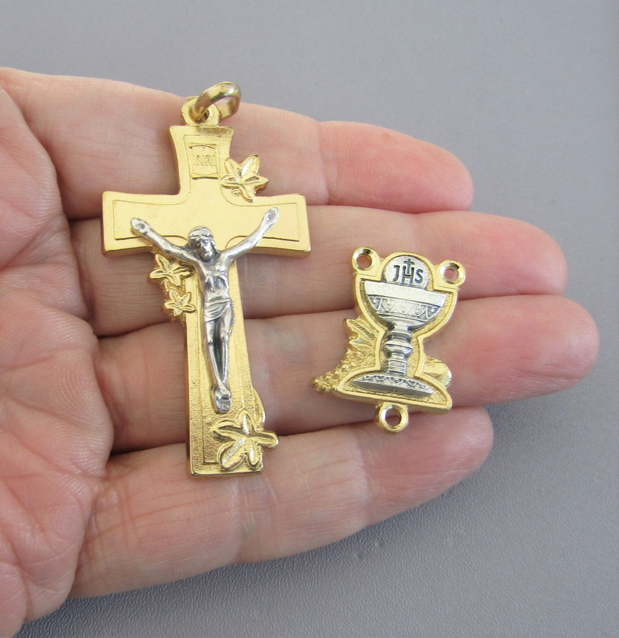 2 tone Communion Chalice Rosary Center & Crucifix -2 pc