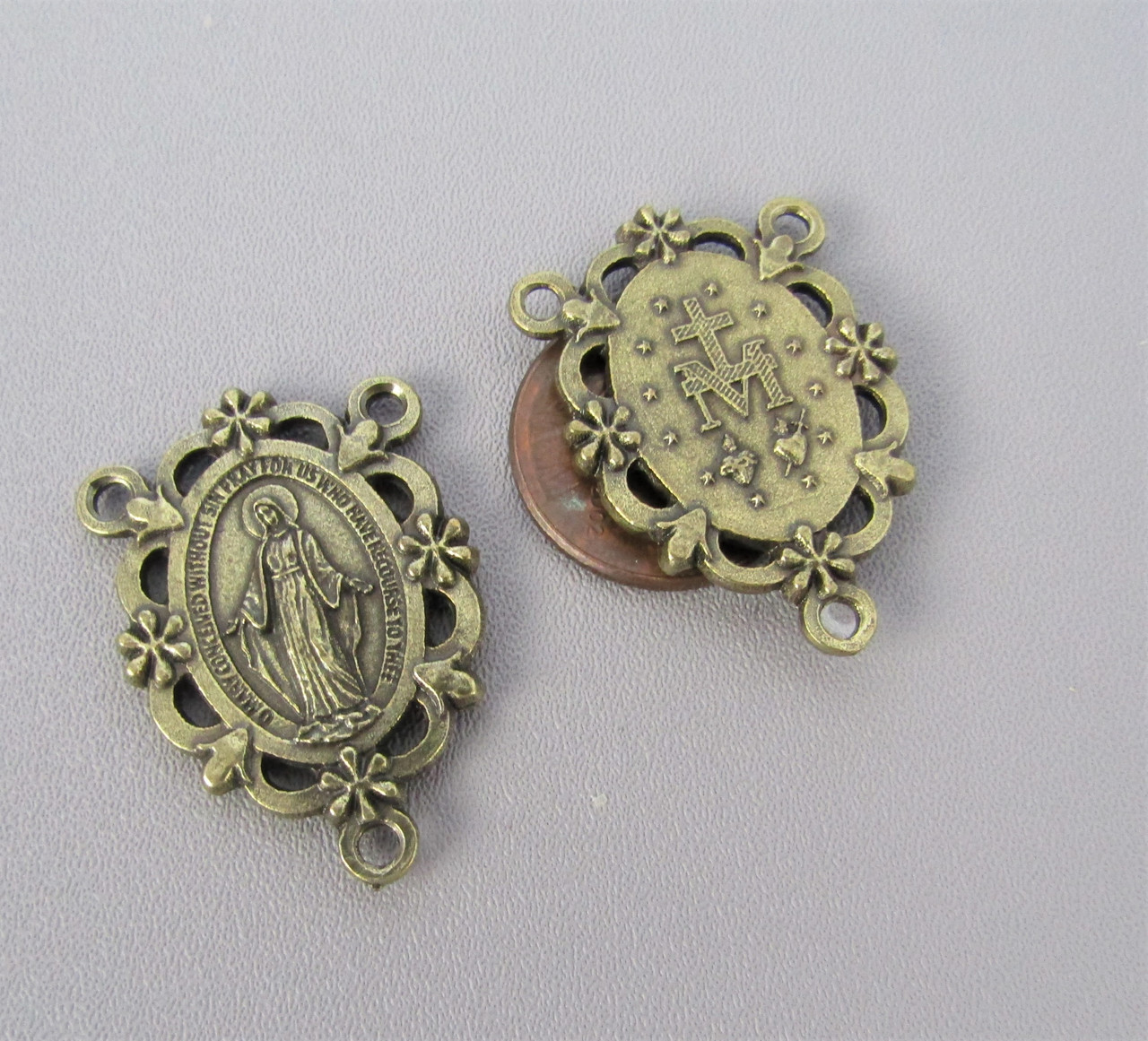 Miraculous Medal Scallop Rosary Center BRONZE