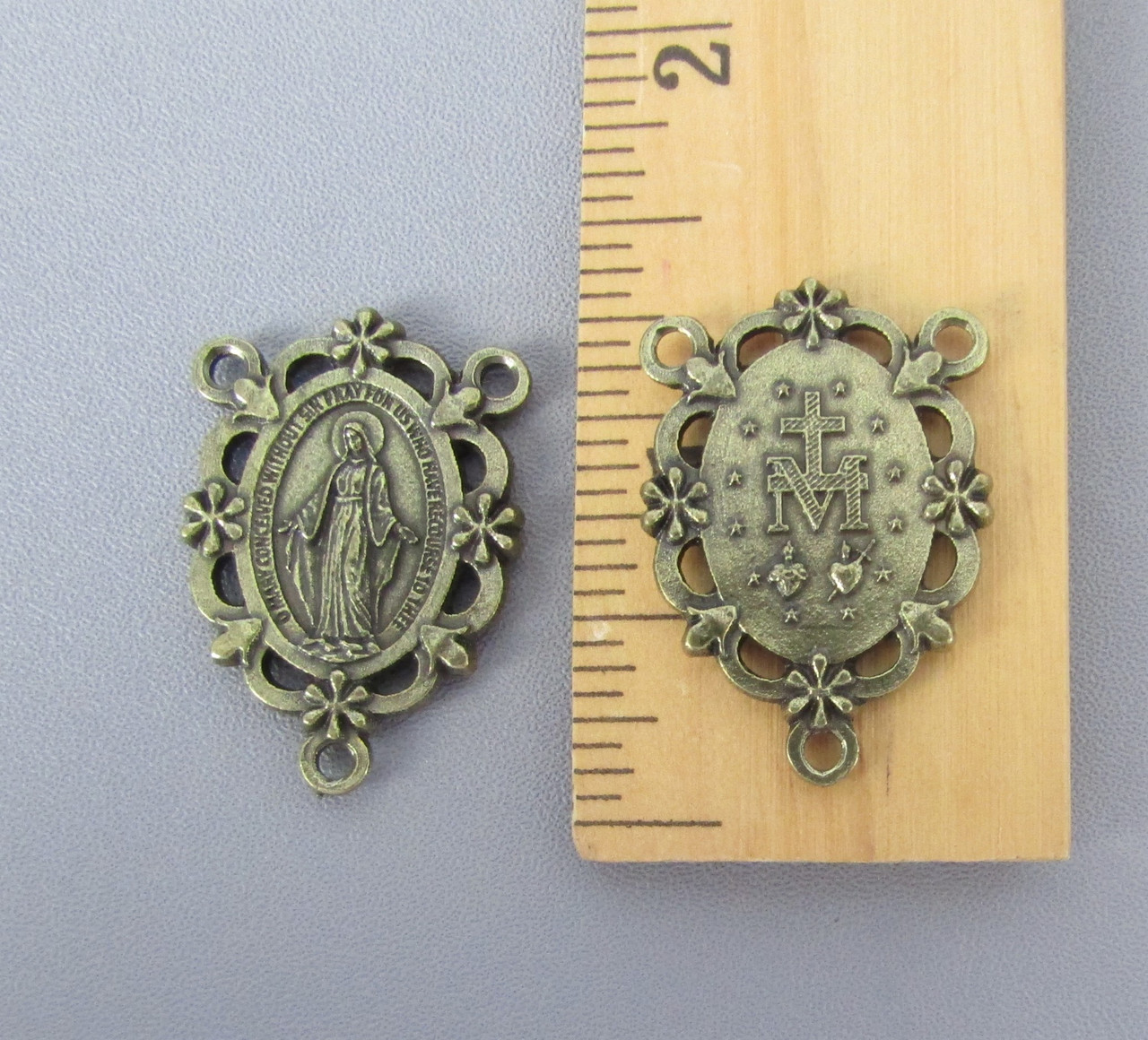 Miraculous Medal Scallop Rosary Center BRONZE