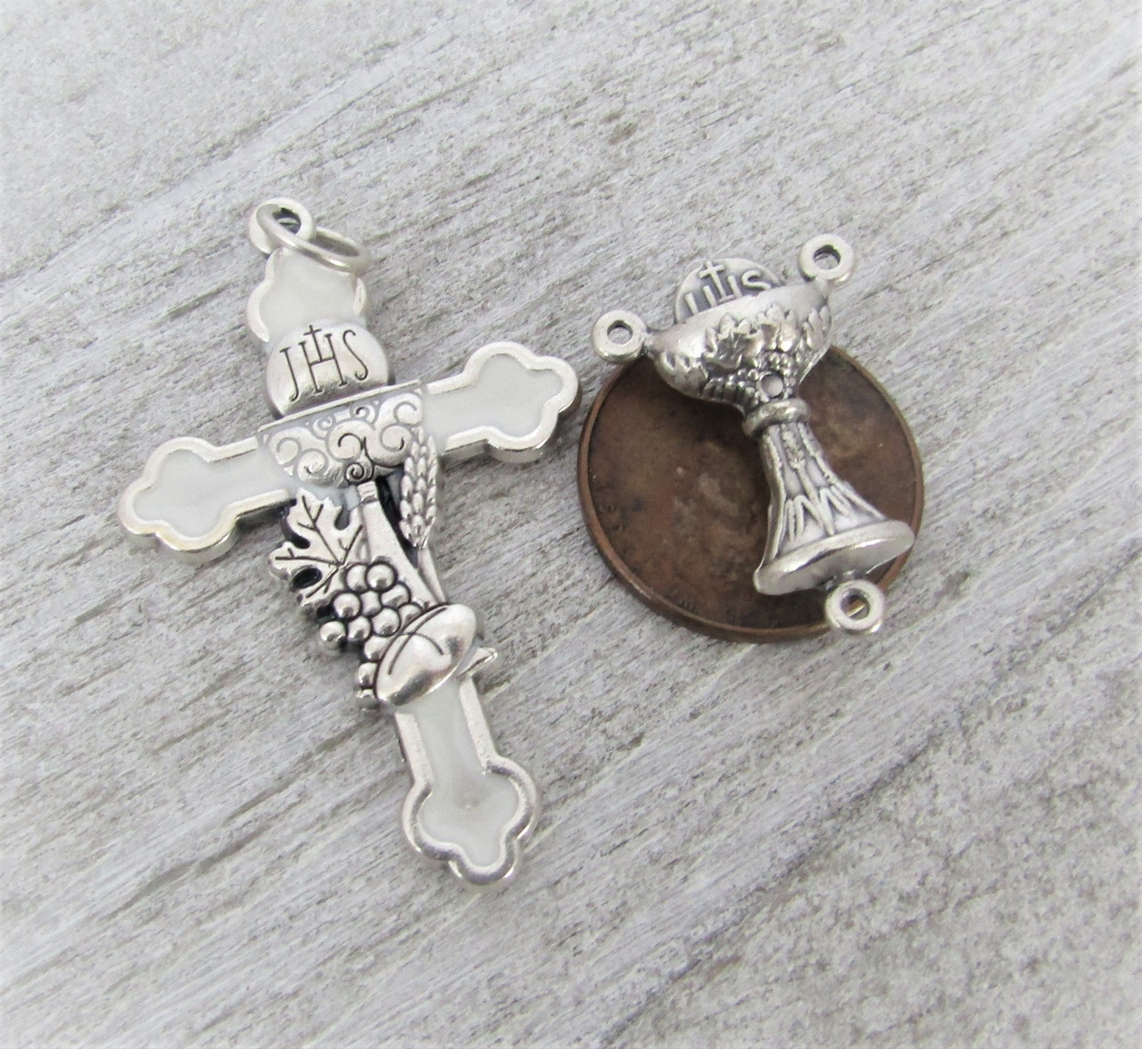 Rosary CENTER & CRUCIFIX First 1st Communion WHITE 1.5"