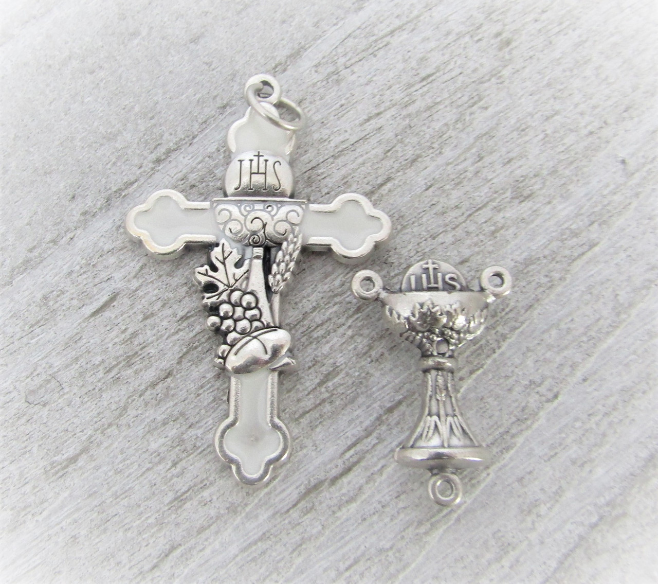 Rosary CENTER & CRUCIFIX First 1st Communion WHITE 1.5"