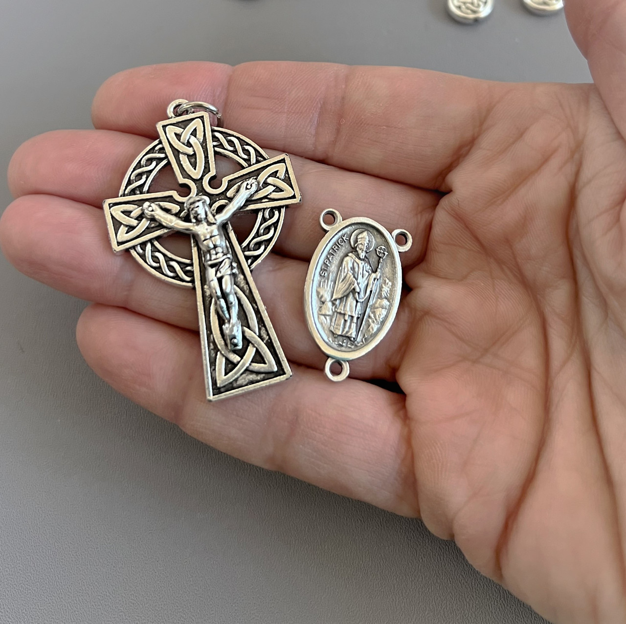 Rosary CENTER & CRUCIFIX 8pc Set ~ Celtic Saint Patrick SILVER