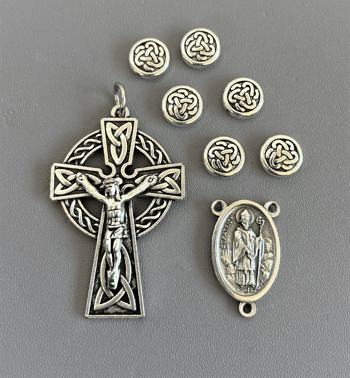 Rosary CENTER & CRUCIFIX 8pc Set ~ Celtic Saint Patrick SILVER