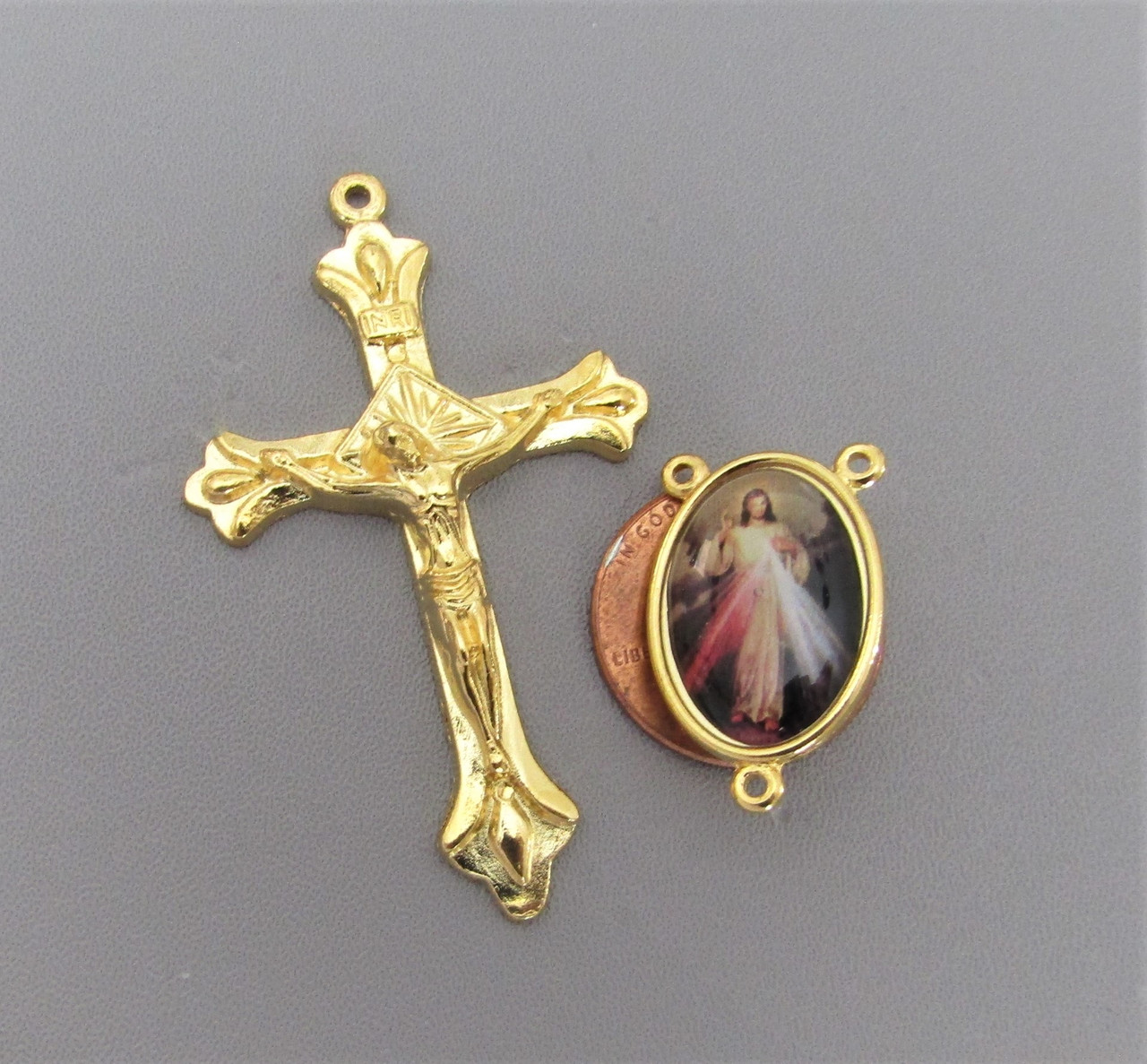 Rosary CENTER & CRUCIFIX & PATER Divine Mercy Jesus GOLD 8pc