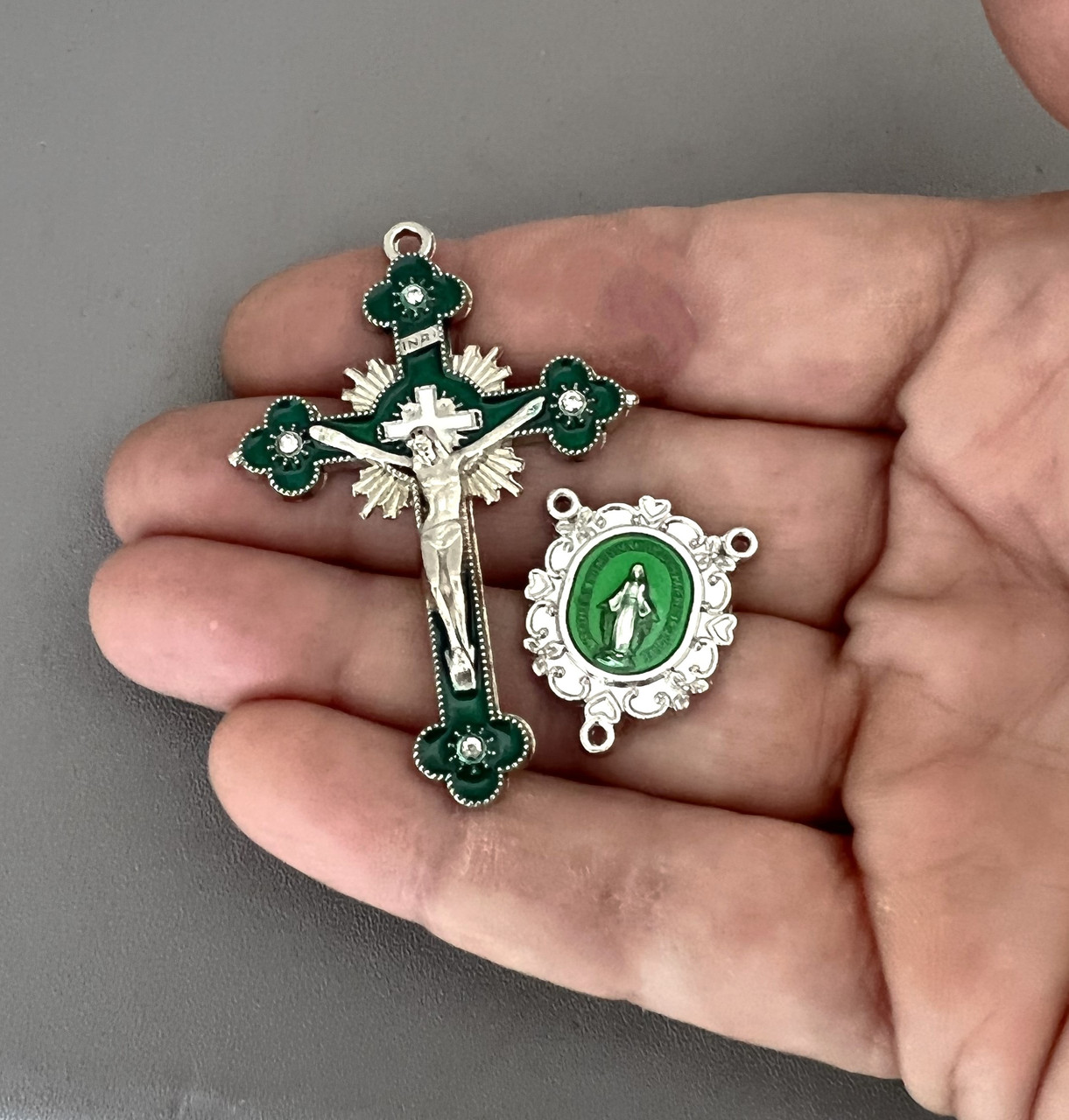 Green Rhinestone Miraculous Medal Crucifix & Centerpiece 2pc