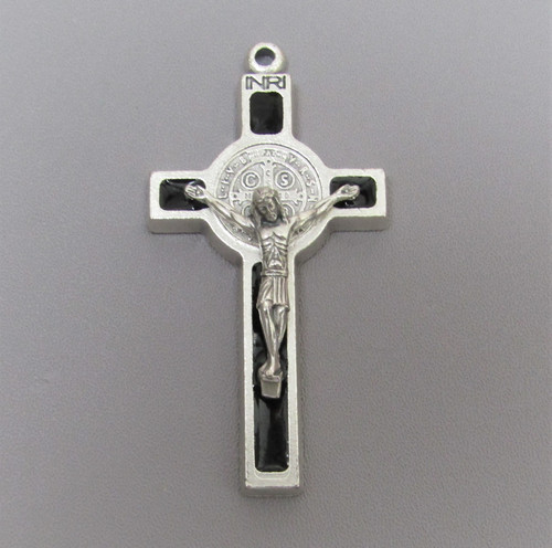 LARGE Silver & Black St. Saint Benedict Rosary Crucifix 2"