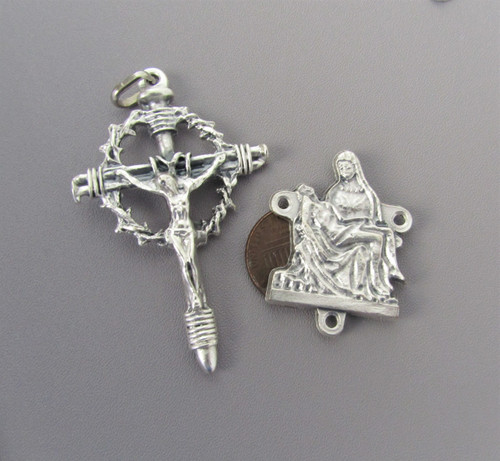 Rosary CENTER & CRUCIFIX Set PIETA & Crown with Thorns Cross